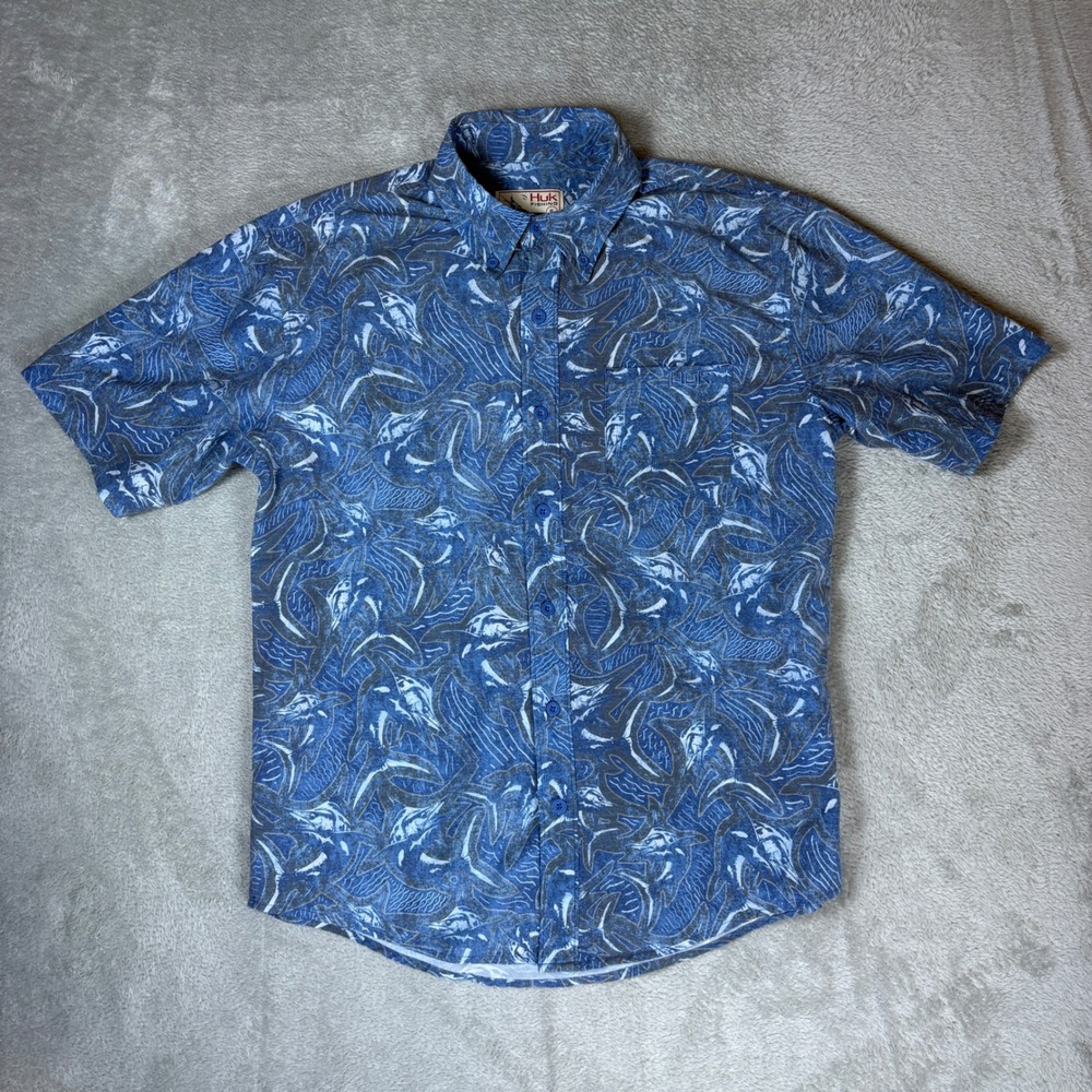 Huk Shirt Mens S Pursuit Marlin Fishing Button Down Short Sleeve Blue Stretch